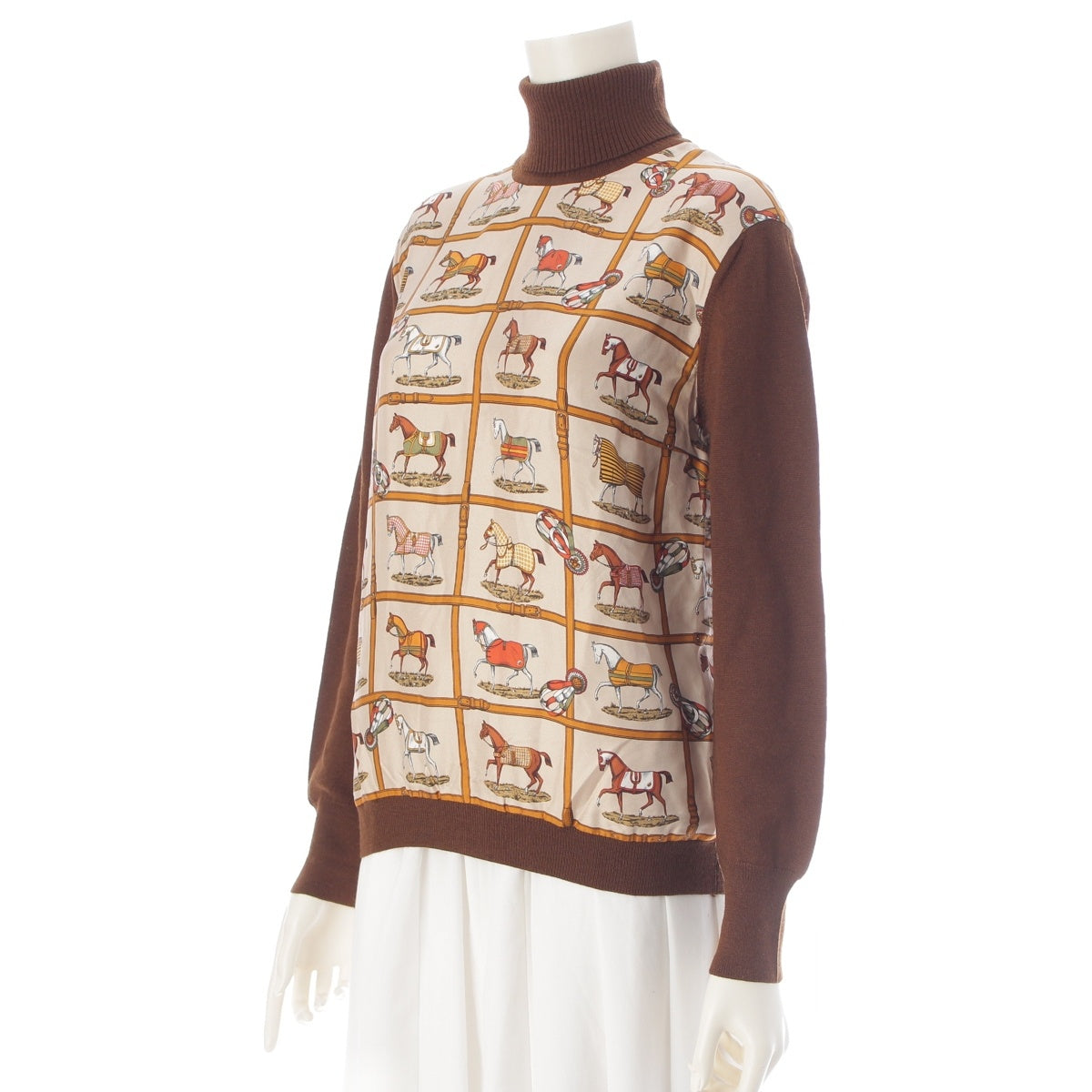 HERMES Silk wool 48 horses in the paddock, printed high neck sweater knit Brown 42