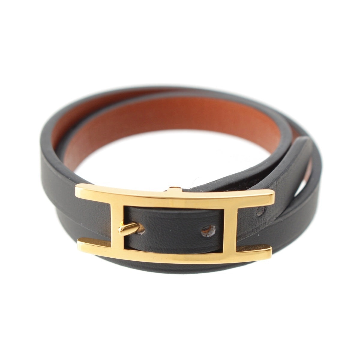 HERMES biapi double tour leather bracelet Bracelet accessories Black x Gold T1