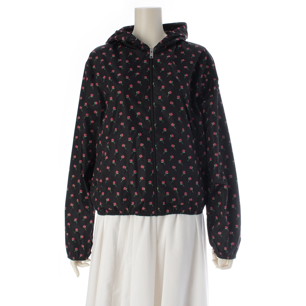 PRADA Triangle Logo Flower Pattern Zip Nylon jacket Hoodies Outerwear 29X319 black 42