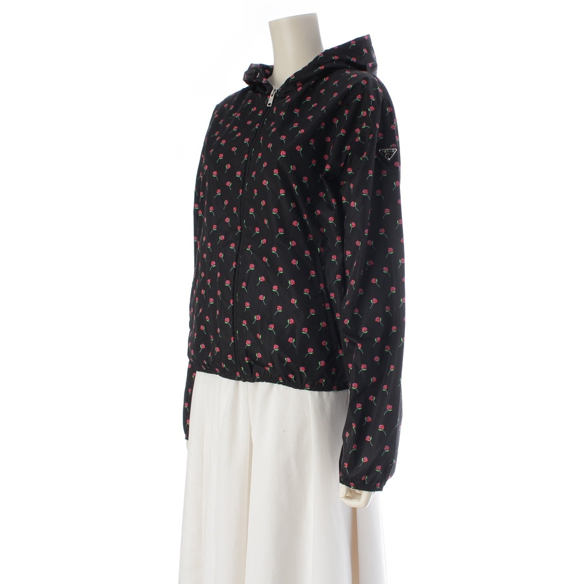 PRADA Triangle Logo Flower Pattern Zip Nylon jacket Hoodies Outerwear 29X319 black 42