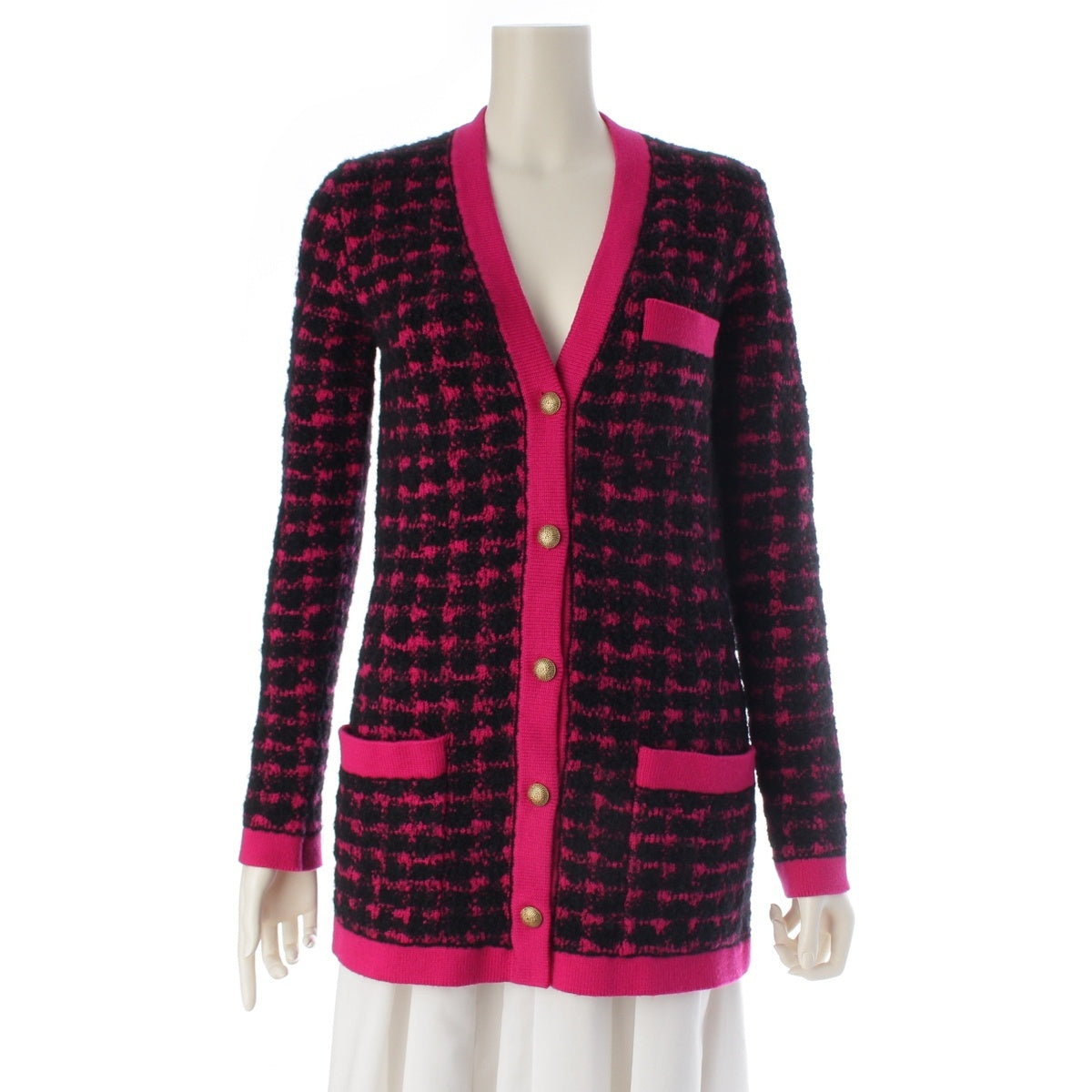 SAINT LAURENT wool alpaca Check Pattern Knit cardigan tops 673741 Black pink S