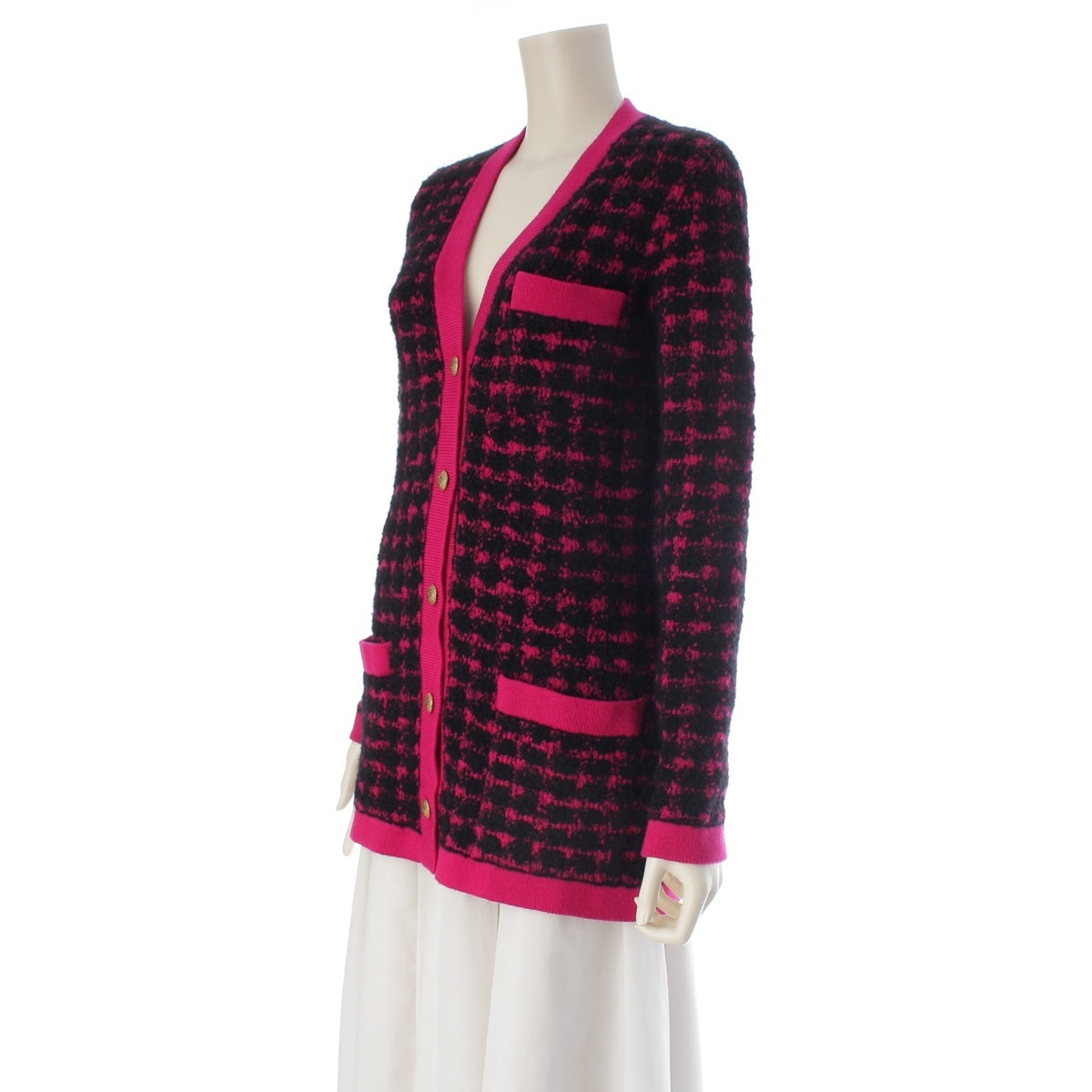 SAINT LAURENT wool alpaca Check Pattern Knit cardigan tops 673741 Black pink S