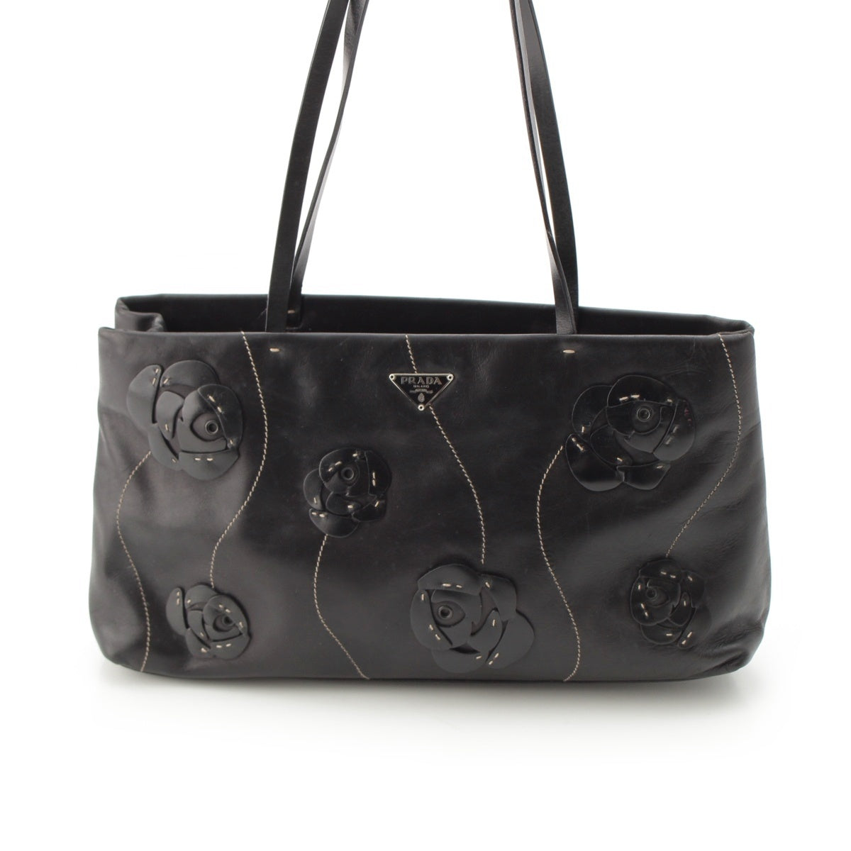 PRADA leather Flower Rose Handbag black