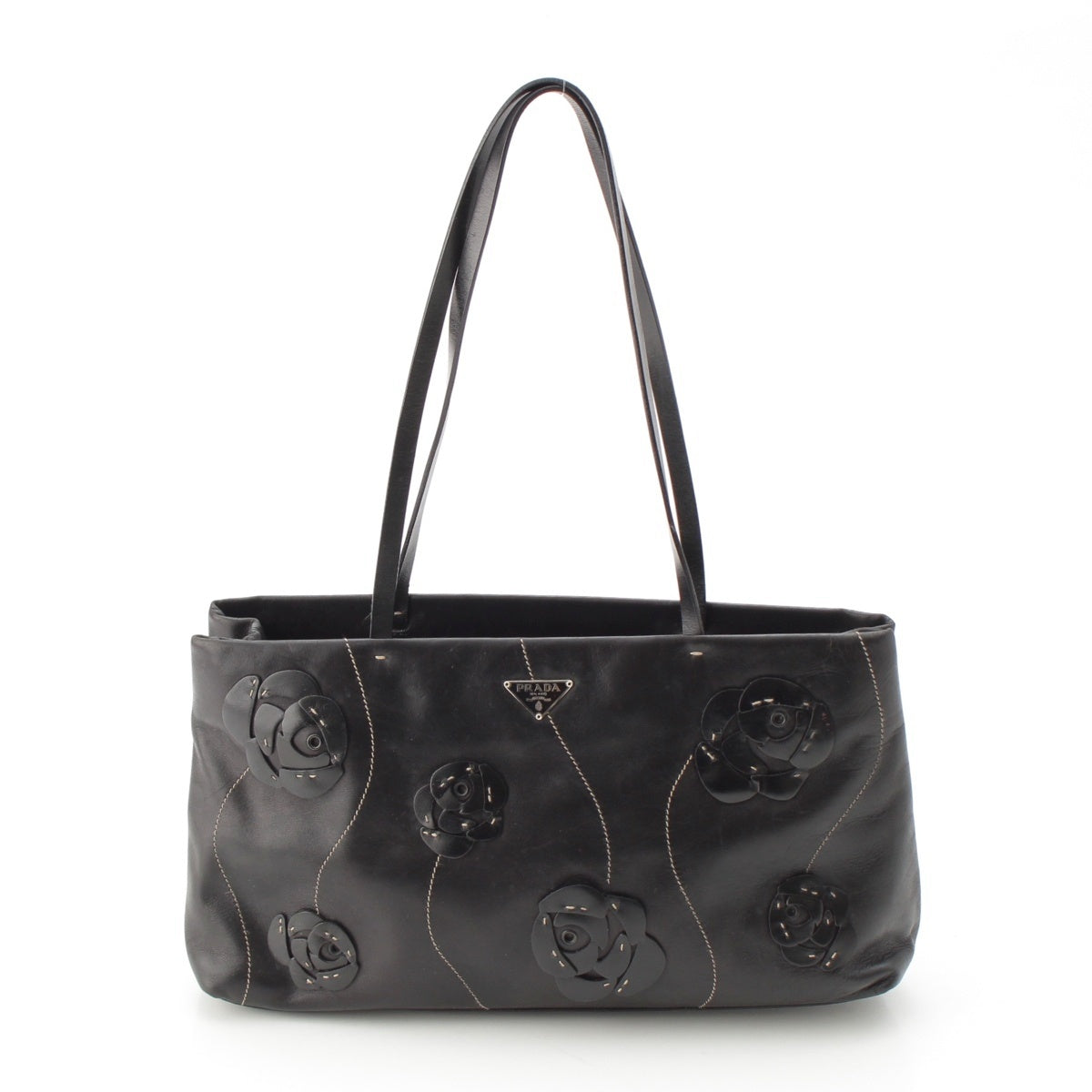 PRADA leather Flower Rose Handbag black