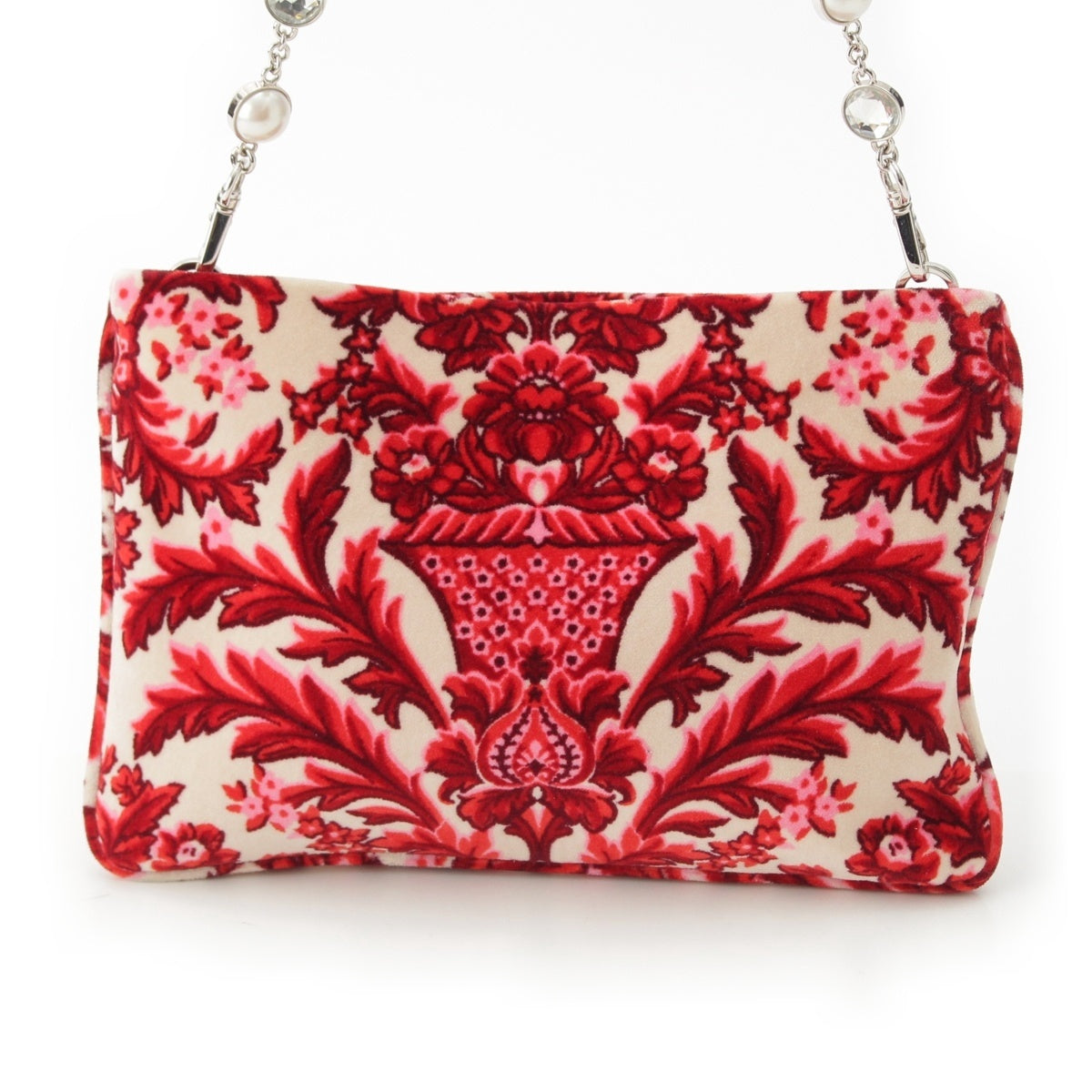 MIUMIU Damask Pattern Velour Pearl Bijou Chain Shoulder Bag Pouch Red