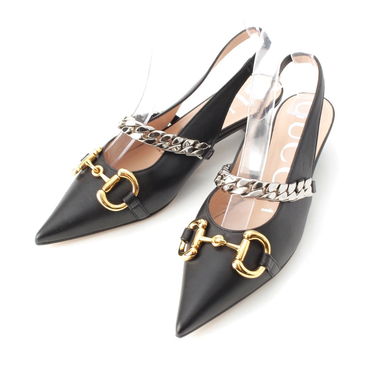 GUCCI leather Horsebit Chain Slingback pumps shoes 616596 black 34 1/2