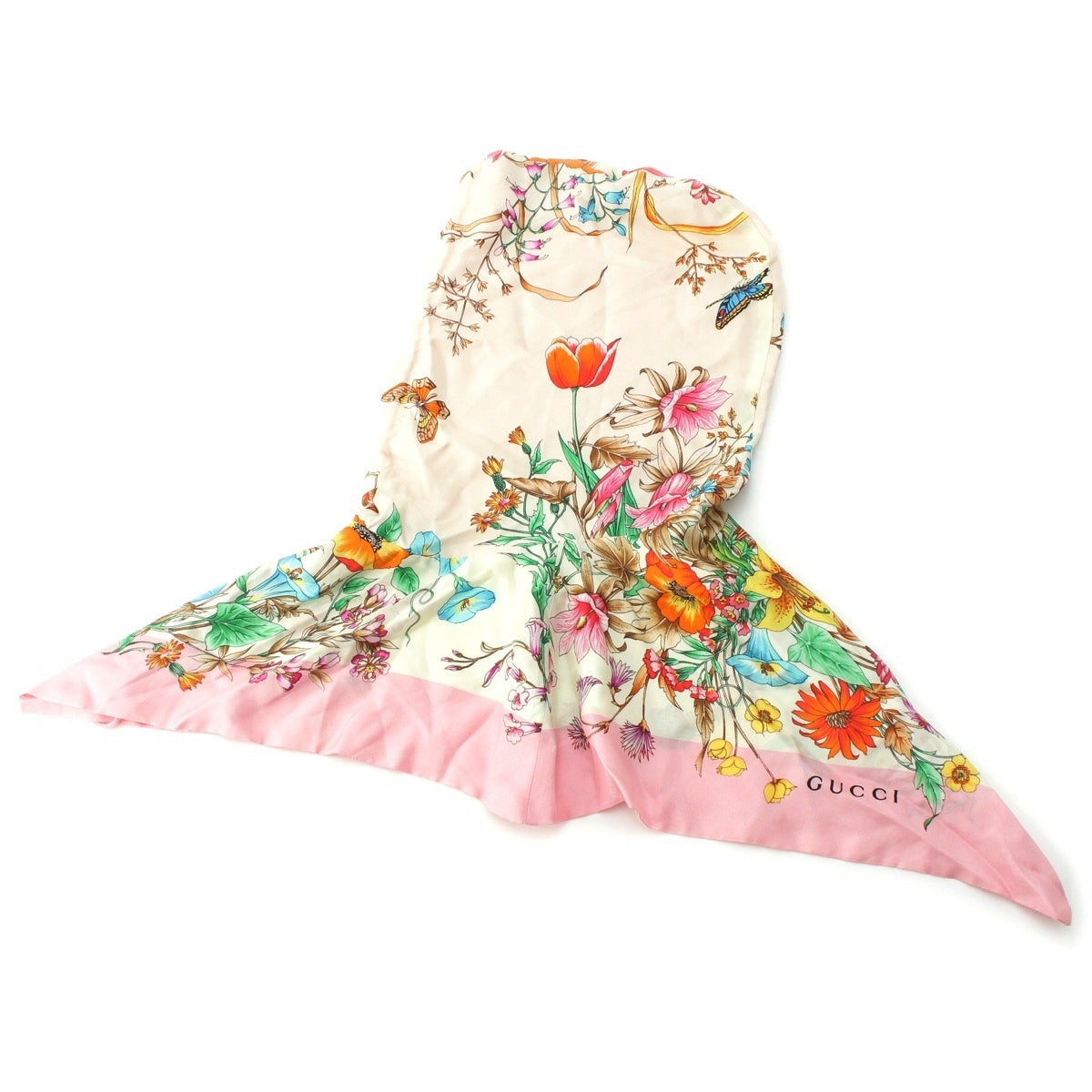 GUCCI silk Flora floral print hooded hoodie scarf 555181 pink M 22.8"