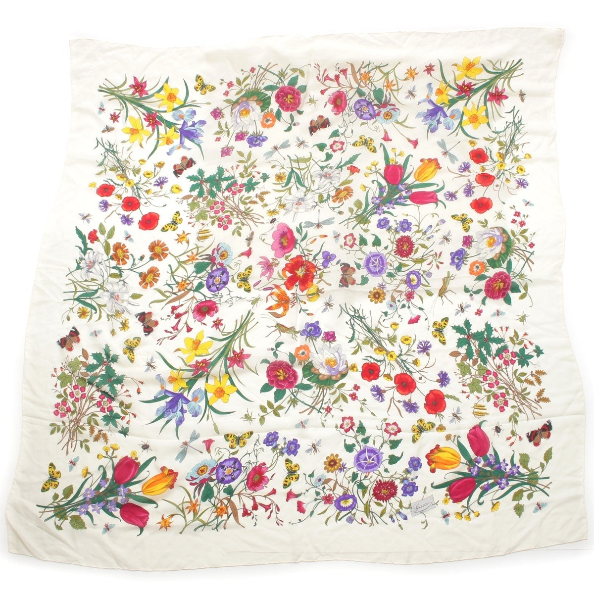GUCCI silk Flora floral pattern bee chiffon large size Stall Stall white