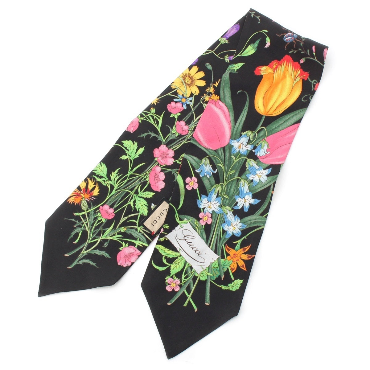 GUCCI silk Flora floral neck bow scarf Thailand 699497 black multi color