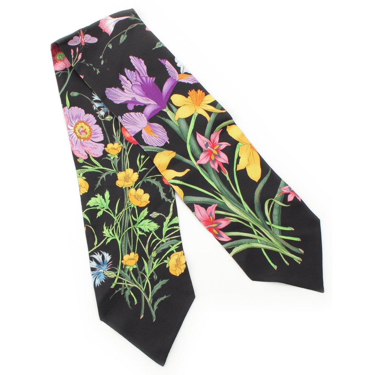 GUCCI silk Flora floral neck bow scarf Thailand 699497 black multi color