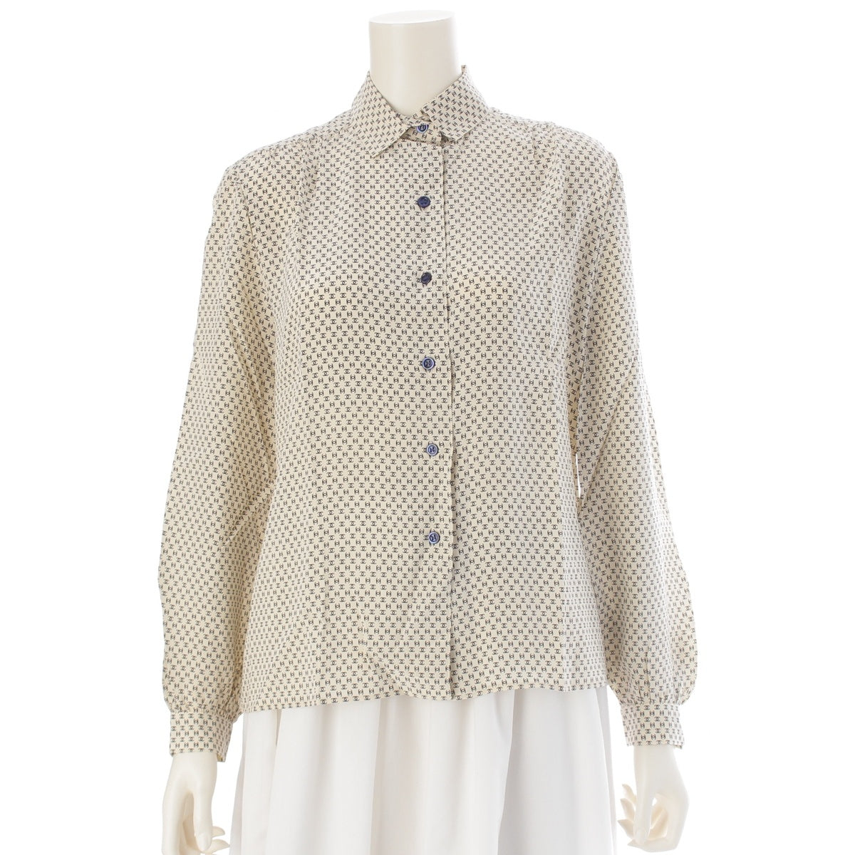 CHANEL silk Deadstock COCO Mark Monogram Long sleeve shirt blouse tops Off-white black 10