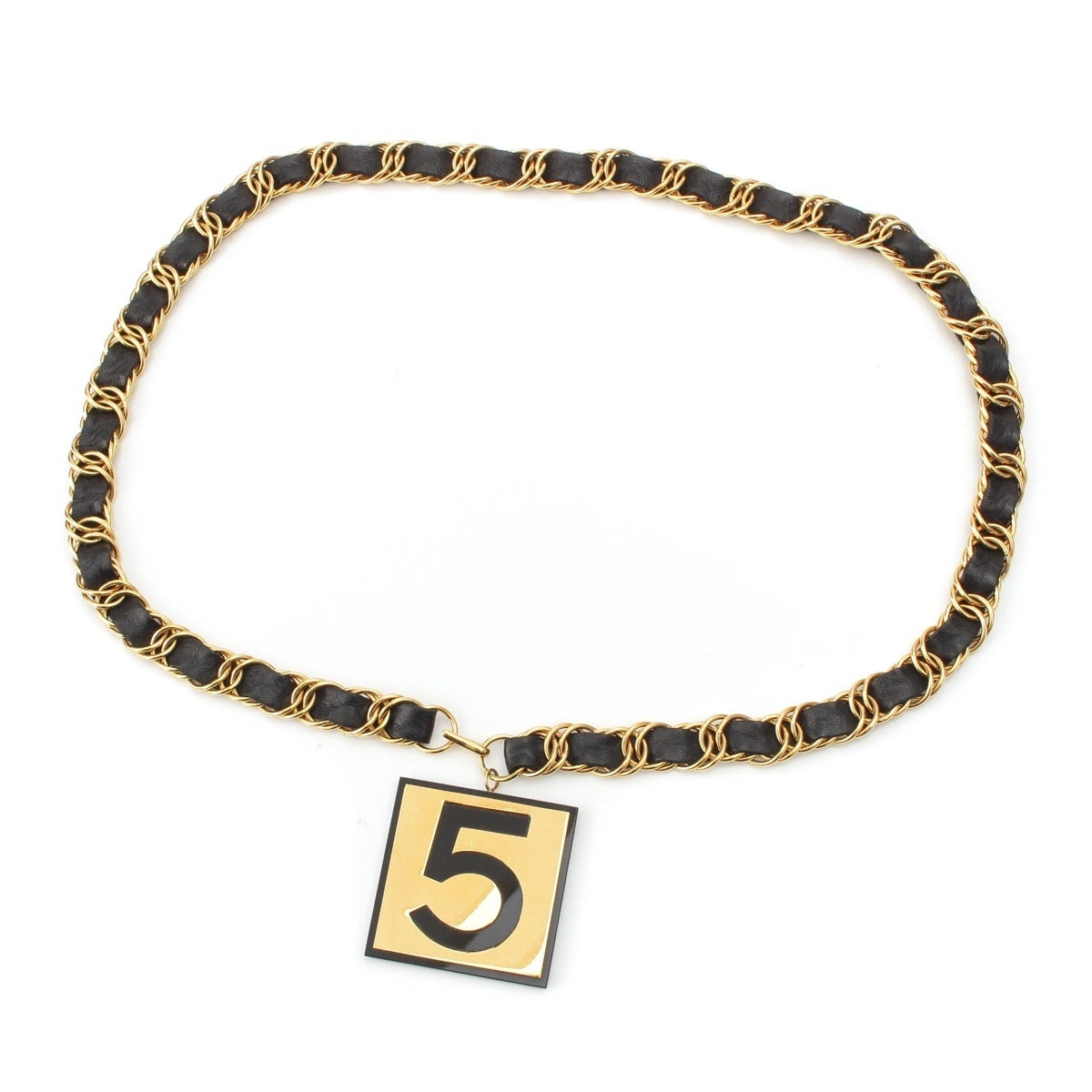 CHANEL Leather GP Gold No. 5 Big Plate Chain belt black