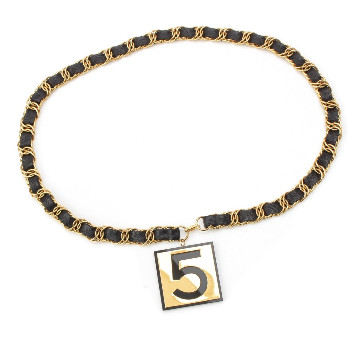 CHANEL Leather GP Gold No. 5 Big Plate Chain belt black