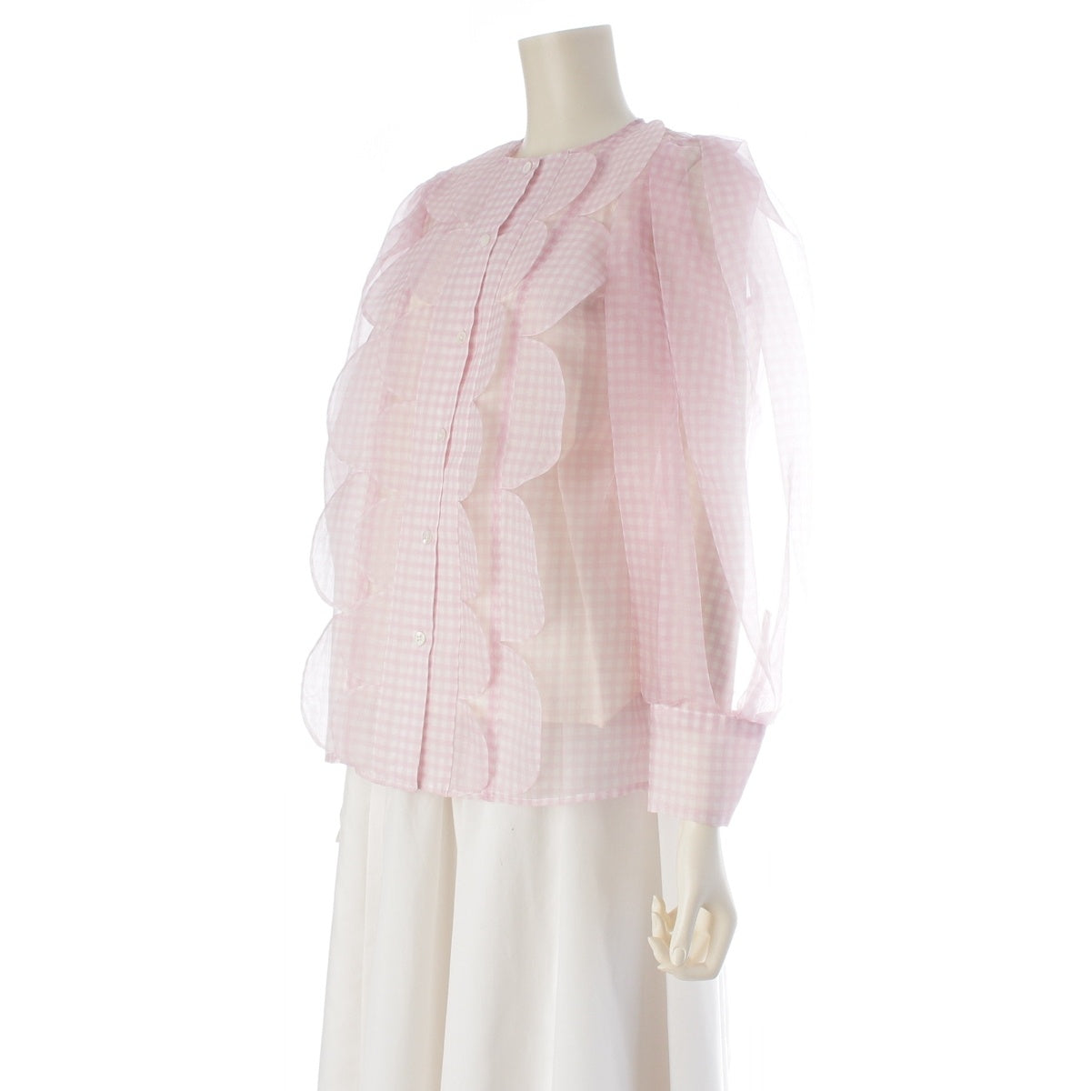 SEVEN TEN by miho kawahito Sheer scalloped gingham check blouse Tops with built-in inner lining 6S105 Pink white M