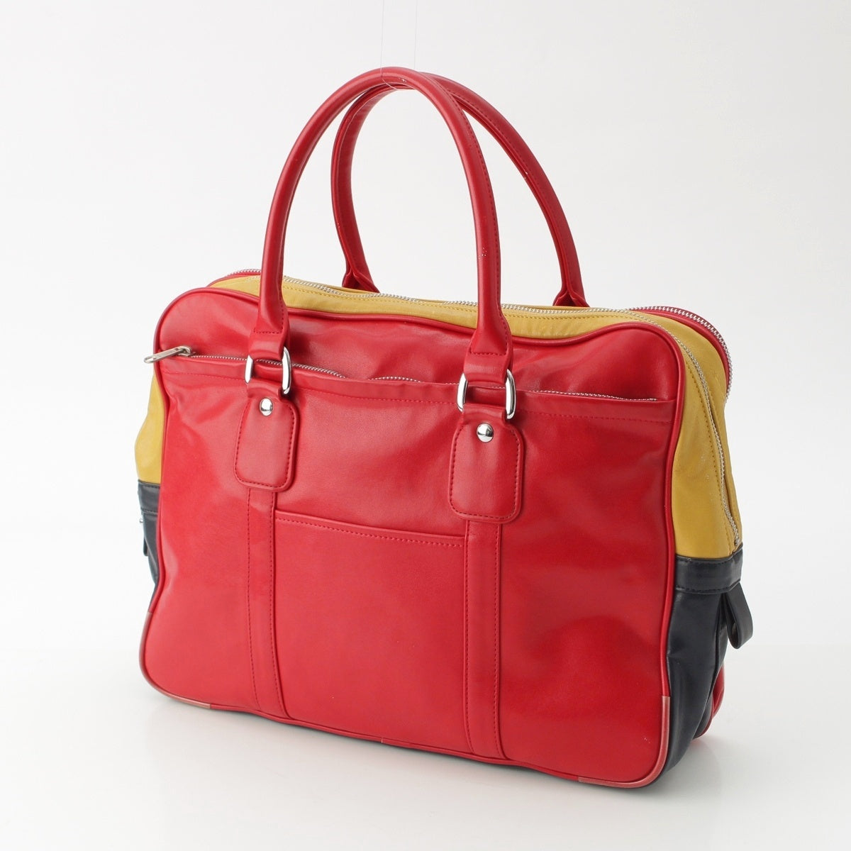 COMME des GARCONS leather Vintage double-zip crazy pattern tricolor Handbag Red, Yellow, Navy