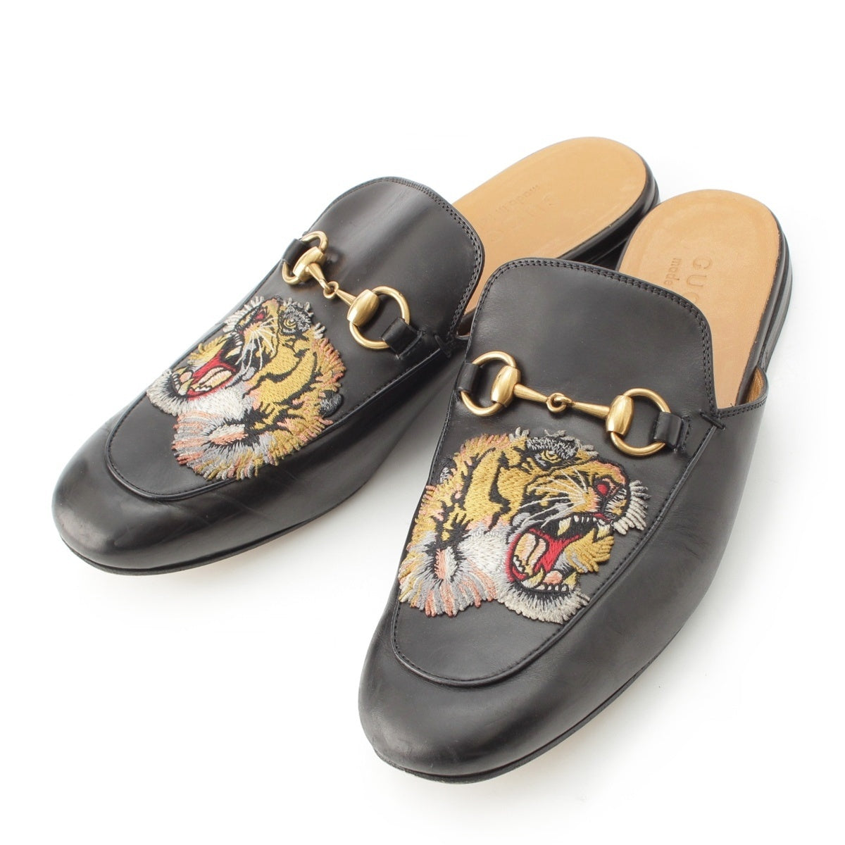 GUCCI Printer leather Tiger Embroidery Mule shoes black 7