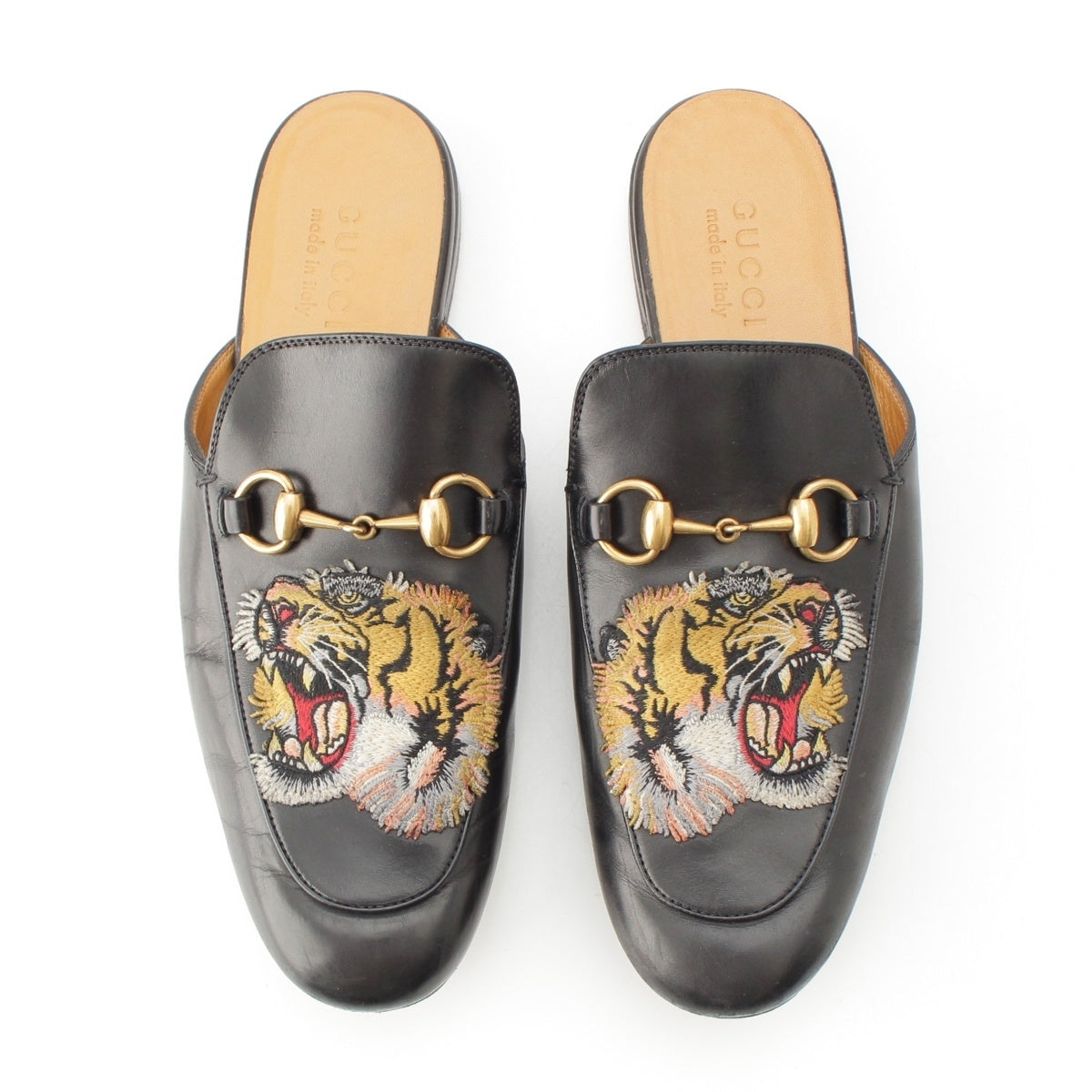 GUCCI Printer leather Tiger Embroidery Mule shoes black 7
