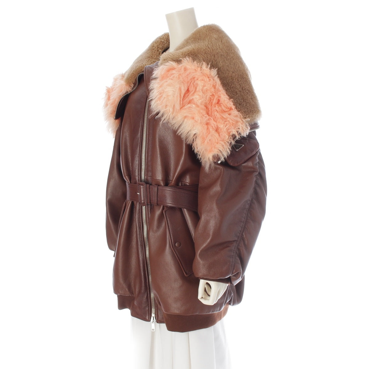 PRADA Sheepskin Triangle With Logo Belted Oversized Fur coat 56A058 Brown XXS