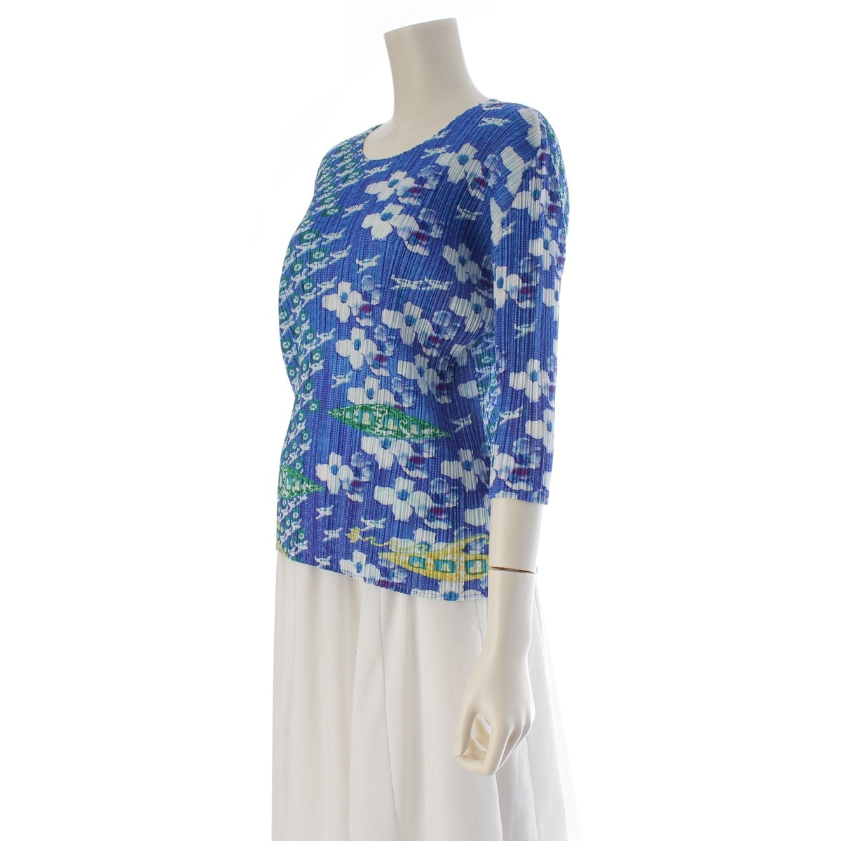 PLEATS PLEASE polyester Three-quarter length crew neck floral print tops PP71-JK873 blue 4