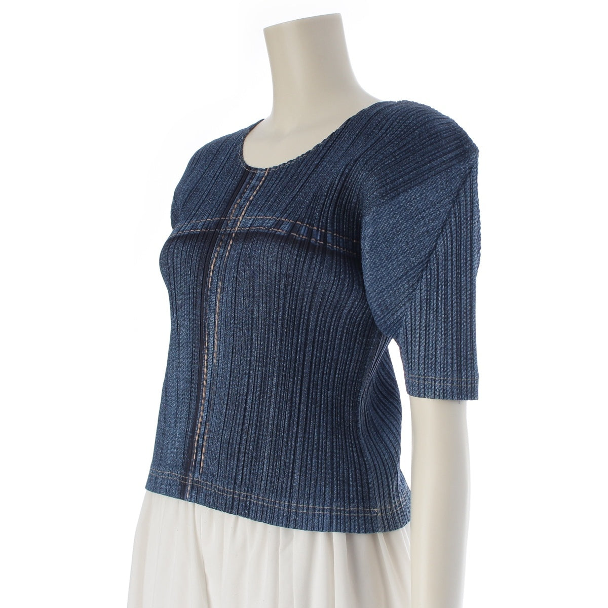 PLEATS PLEASE polyester Denim Transfer Crew Neck Cross Stitch Cut PP12-JK254 Indigo 3