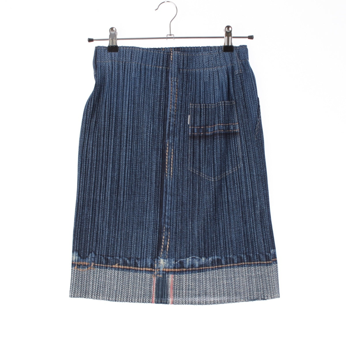 PLEATS PLEASE polyester Denim transfer print knee-length cuff design skirt PP12-JQ252 Indigo 4