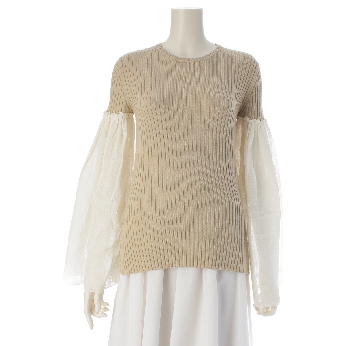 Chloe linen Rib-knit top with contrasting flared sleeves knit CHC22UHT4411510736 Iconic Milk Off-White Beige 36