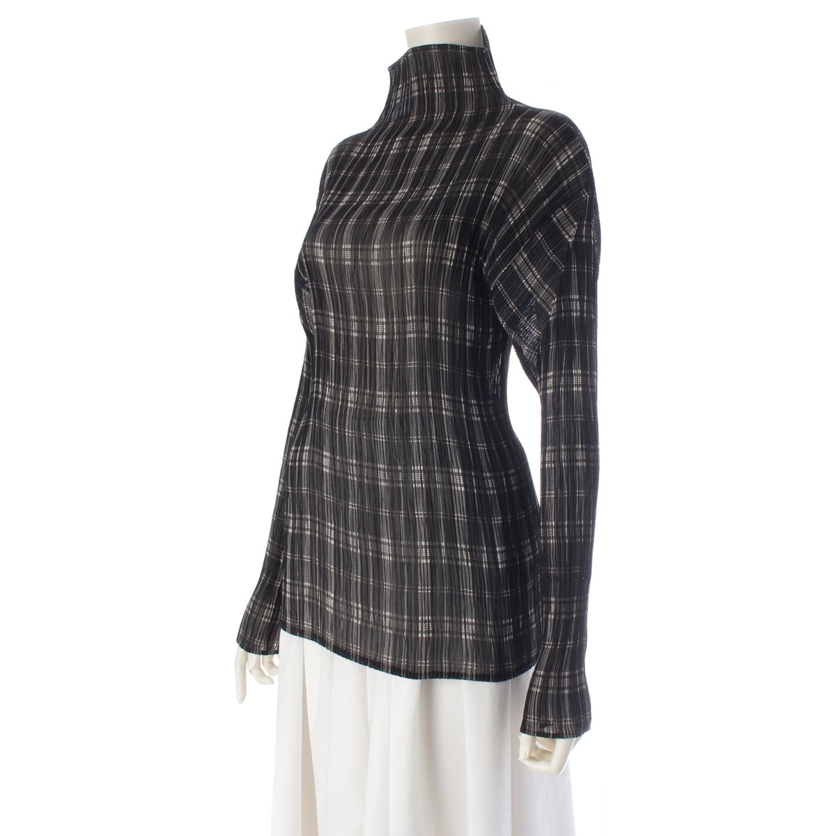 ISSEY MIYAKE Checkered Pleated Long Sleeve tops IM61-FJ919 black L