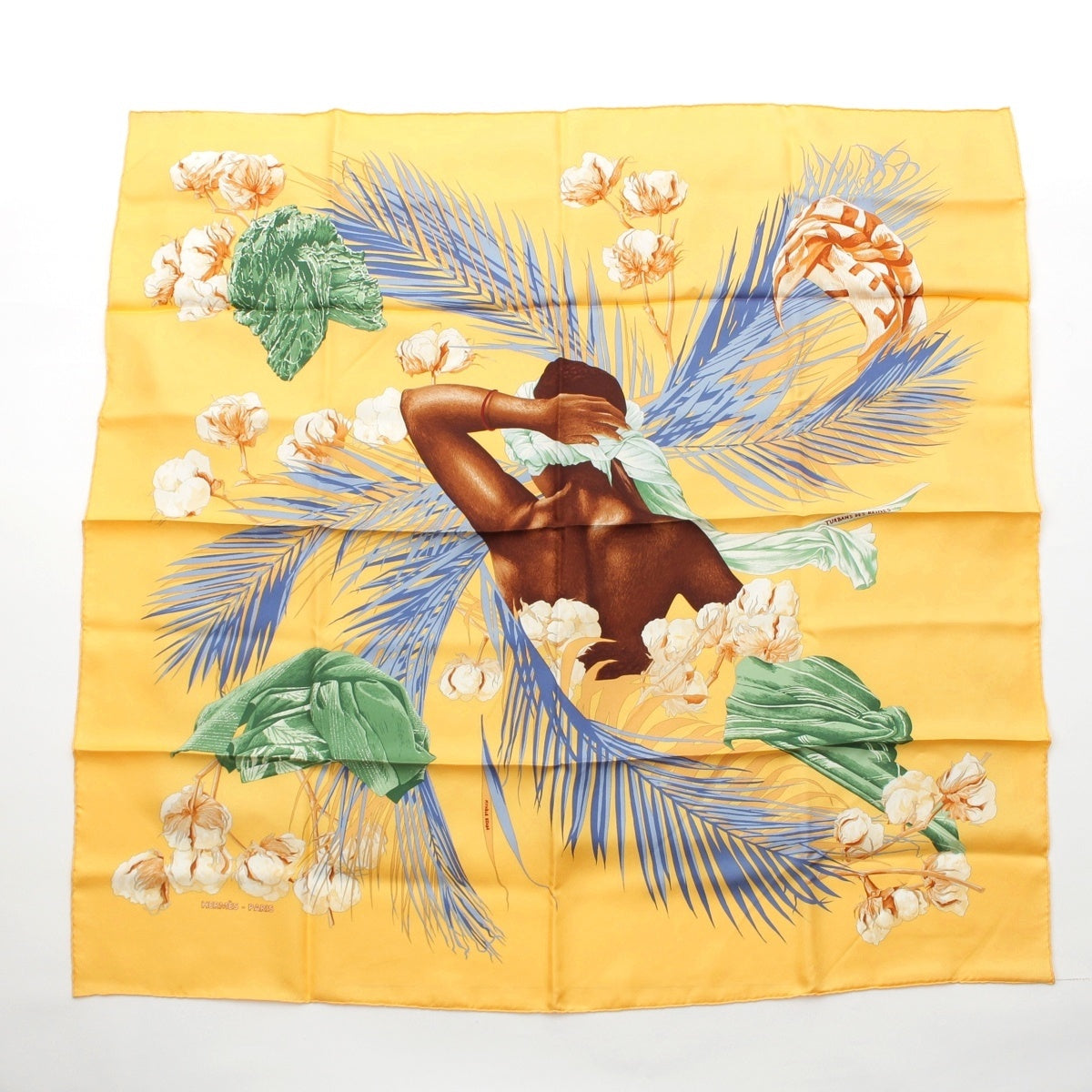 HERMES silk Kare 90 TURBANS DES REINES princess turban scarf yellow