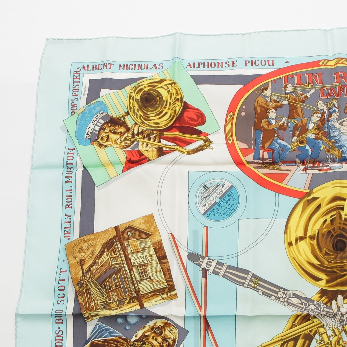 HERMES silk Carré 90 THE ORIGINAL NEW ORLEANS CREOLE JAZZ 1923 scarf blue
