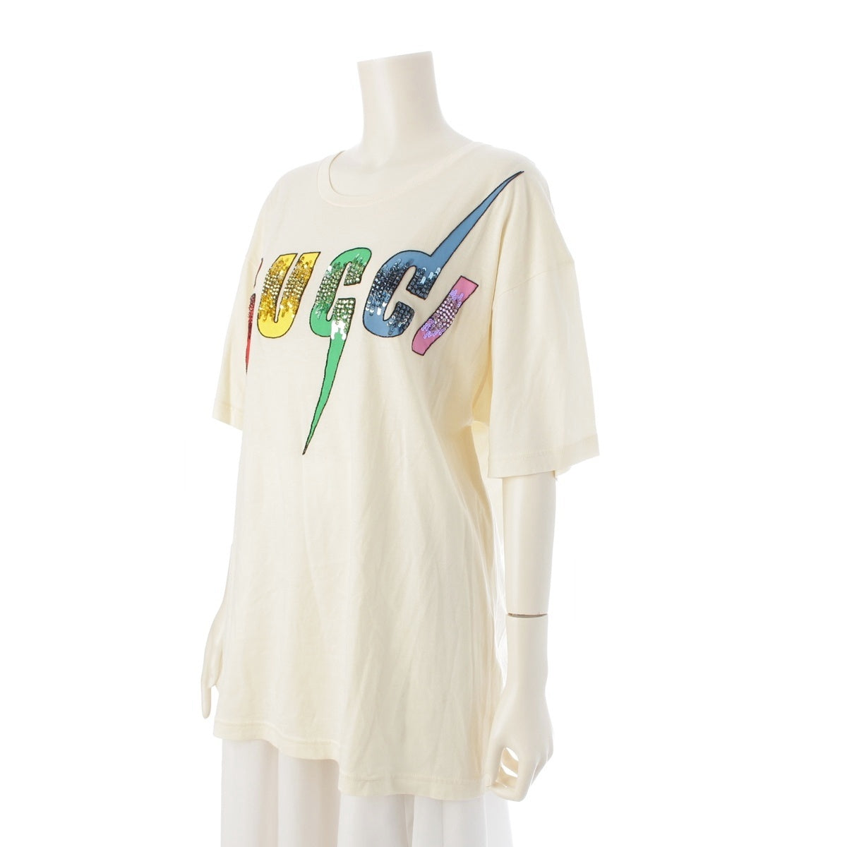 GUCCI Blade Print Sequin Logo Short sleeve T-shirt 539081 Ivory S