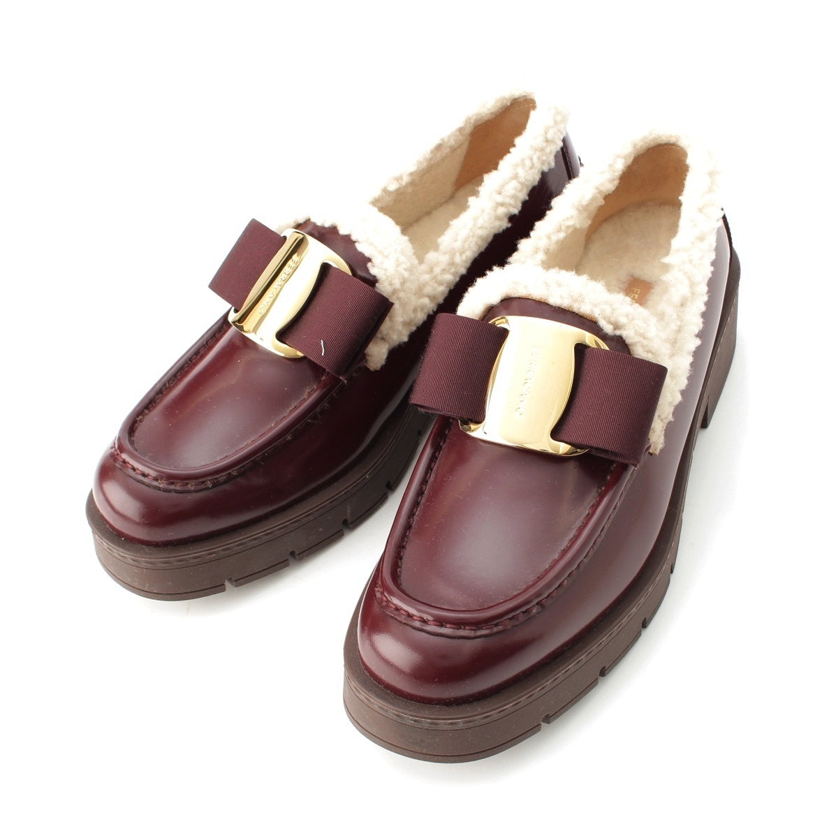 Salvatore Ferragamo Vara ribbon Mouton calf leather shoes loafers logo Bordeaux x White 9C
