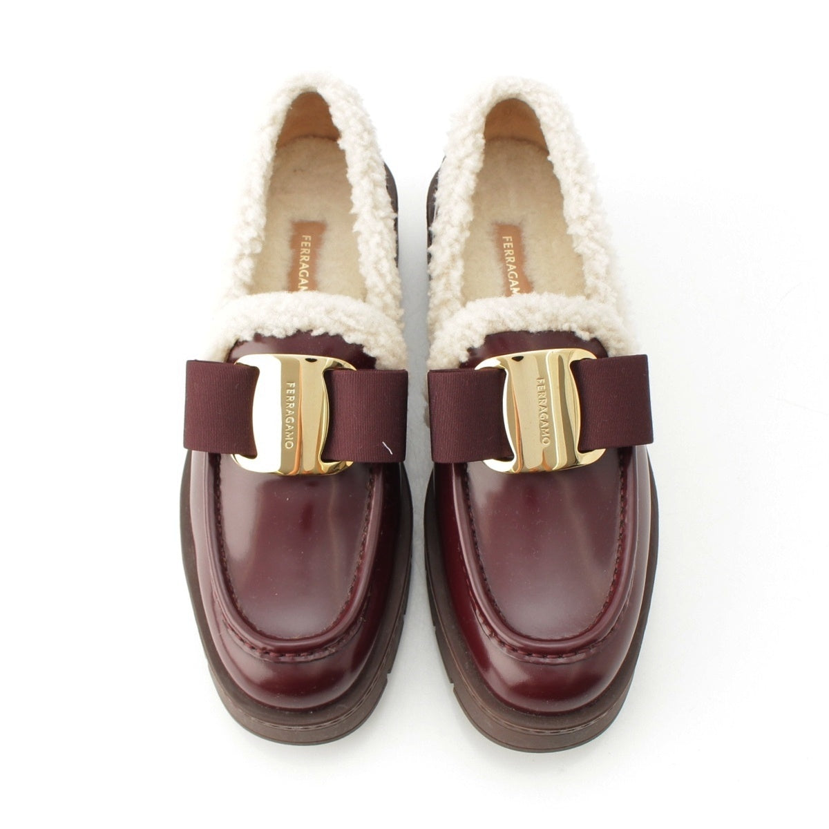 Salvatore Ferragamo Vara ribbon Mouton calf leather shoes loafers logo Bordeaux x White 9C