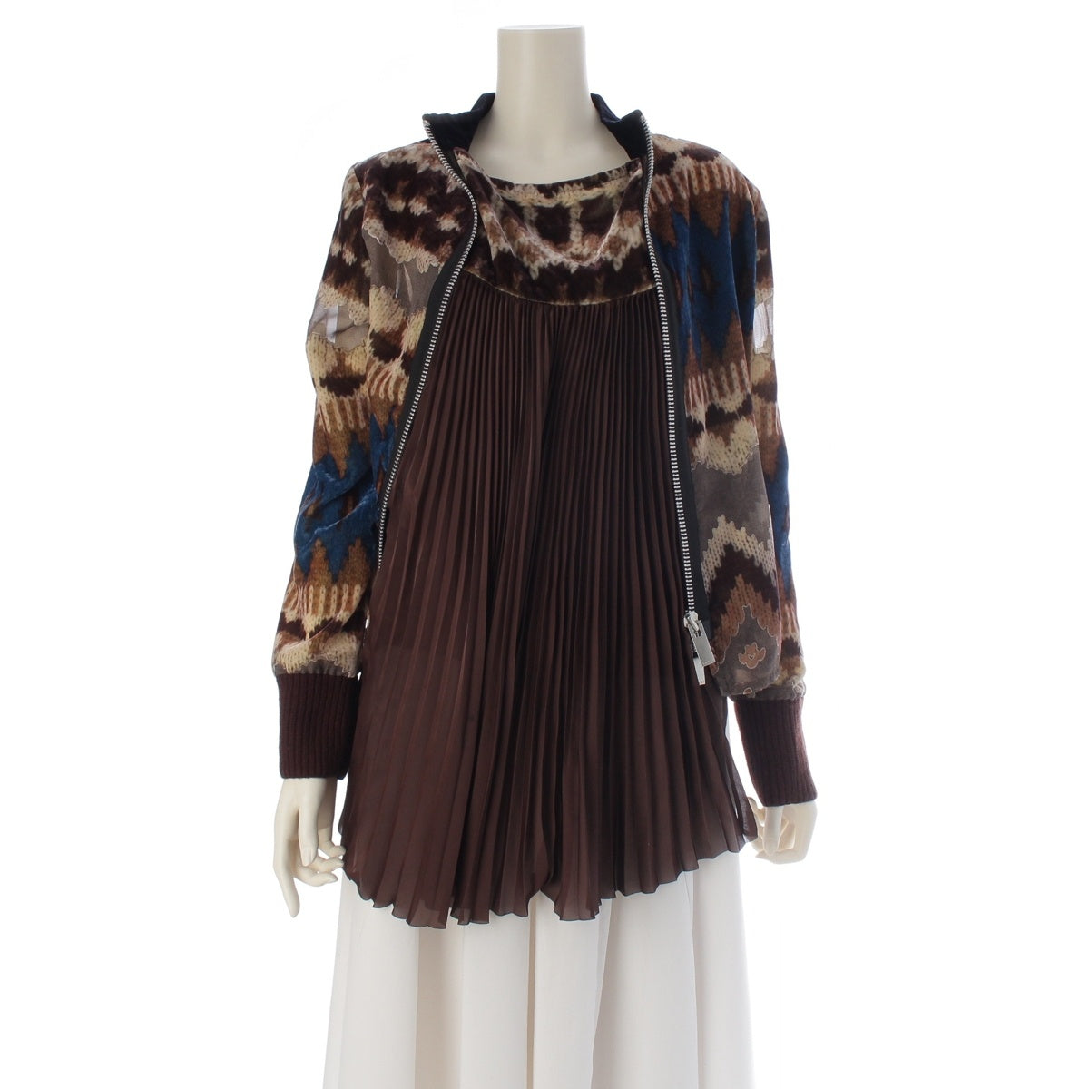 Sacai Rayon Nordic Pattern Velvet Pleated Docking Petticoat with Inner Lining and Zip Design Blouson Brown
