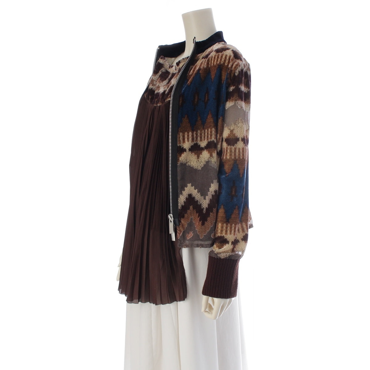 Sacai Rayon Nordic Pattern Velvet Pleated Docking Petticoat with Inner Lining and Zip Design Blouson Brown