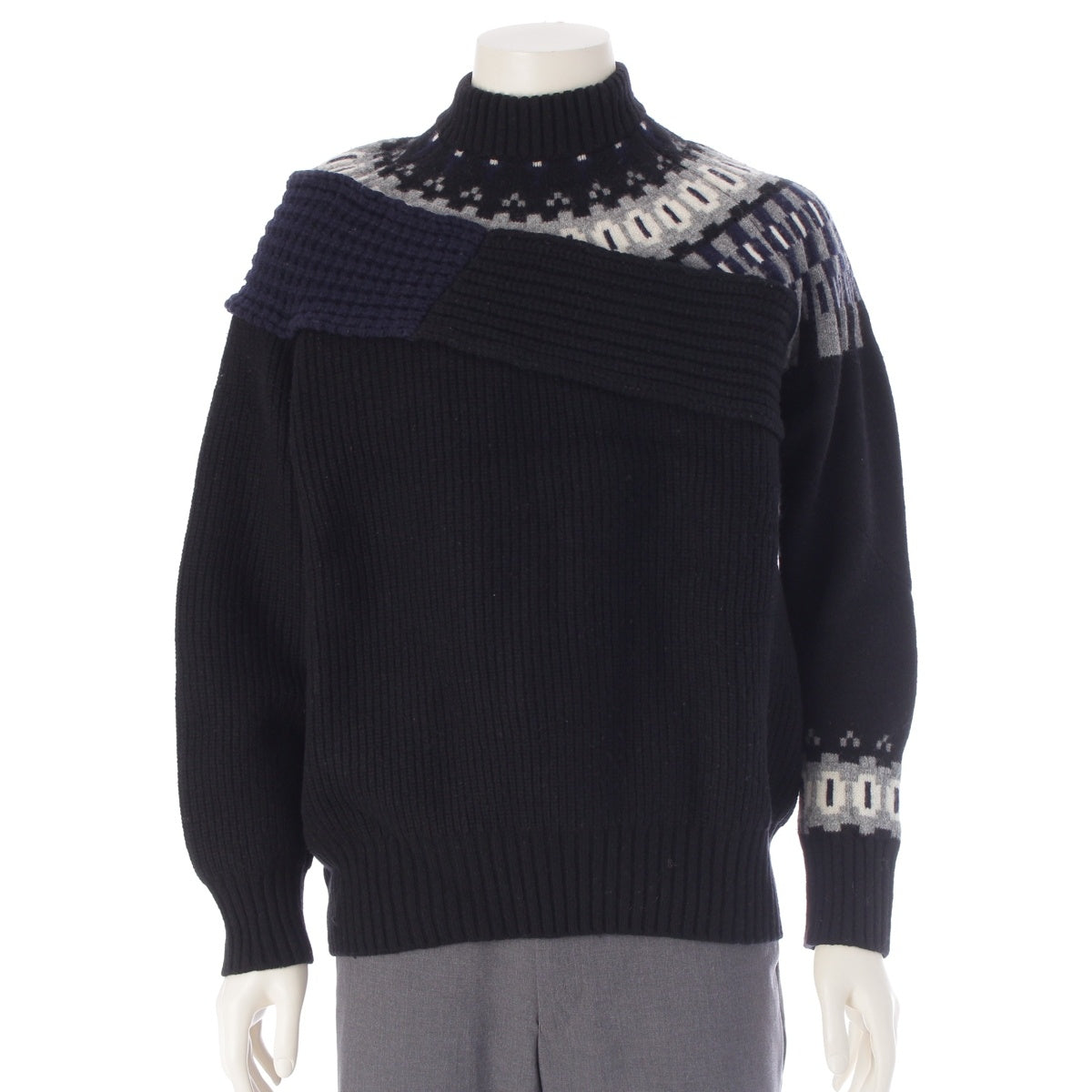 Sacai Wool x nylon Nordic Pattern Patchwork Knit sweater tops 21-02610M Navy black 2