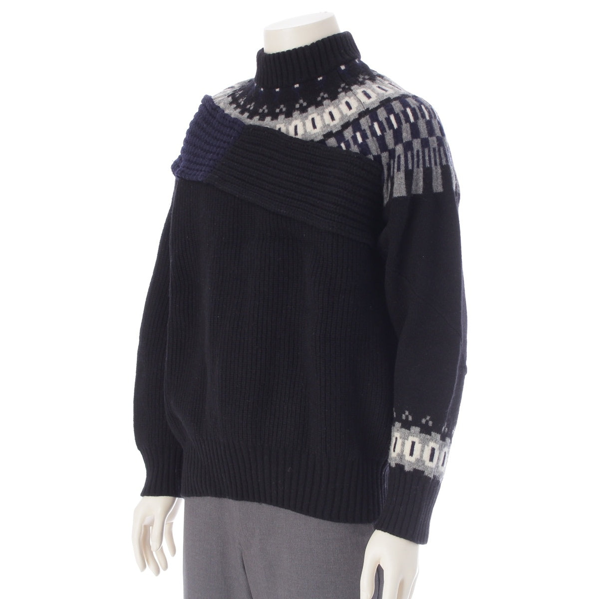 Sacai Wool x nylon Nordic Pattern Patchwork Knit sweater tops 21-02610M Navy black 2