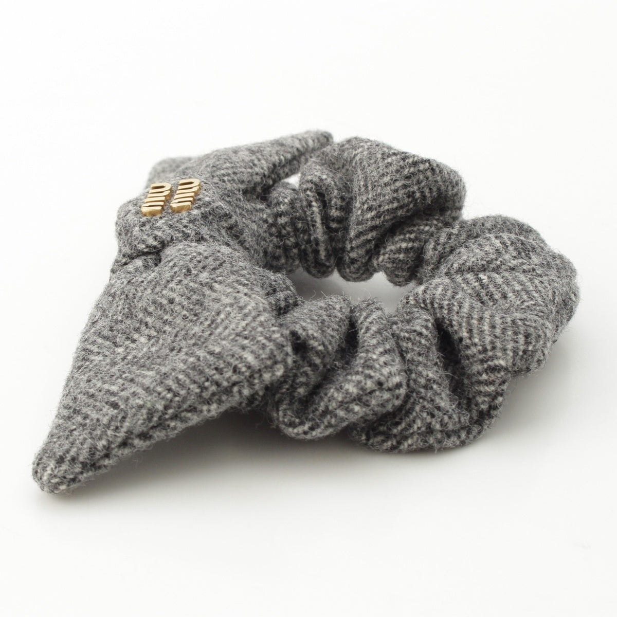 MIUMIU wool Chevron Herringbone Logo Ribbon Scrunchie hair accessory 5IF181 gray