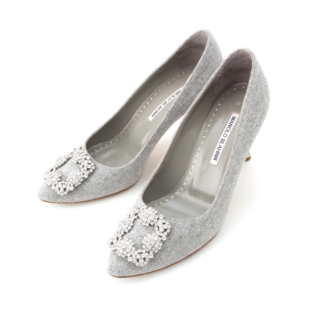 MANOLO BLAHNIK wool Hangisi jeweled buckle heels pumps shoes gray 38