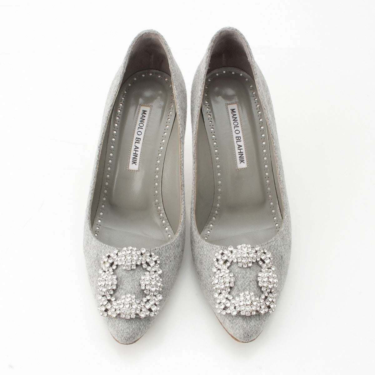MANOLO BLAHNIK wool Hangisi jeweled buckle heels pumps shoes gray 38