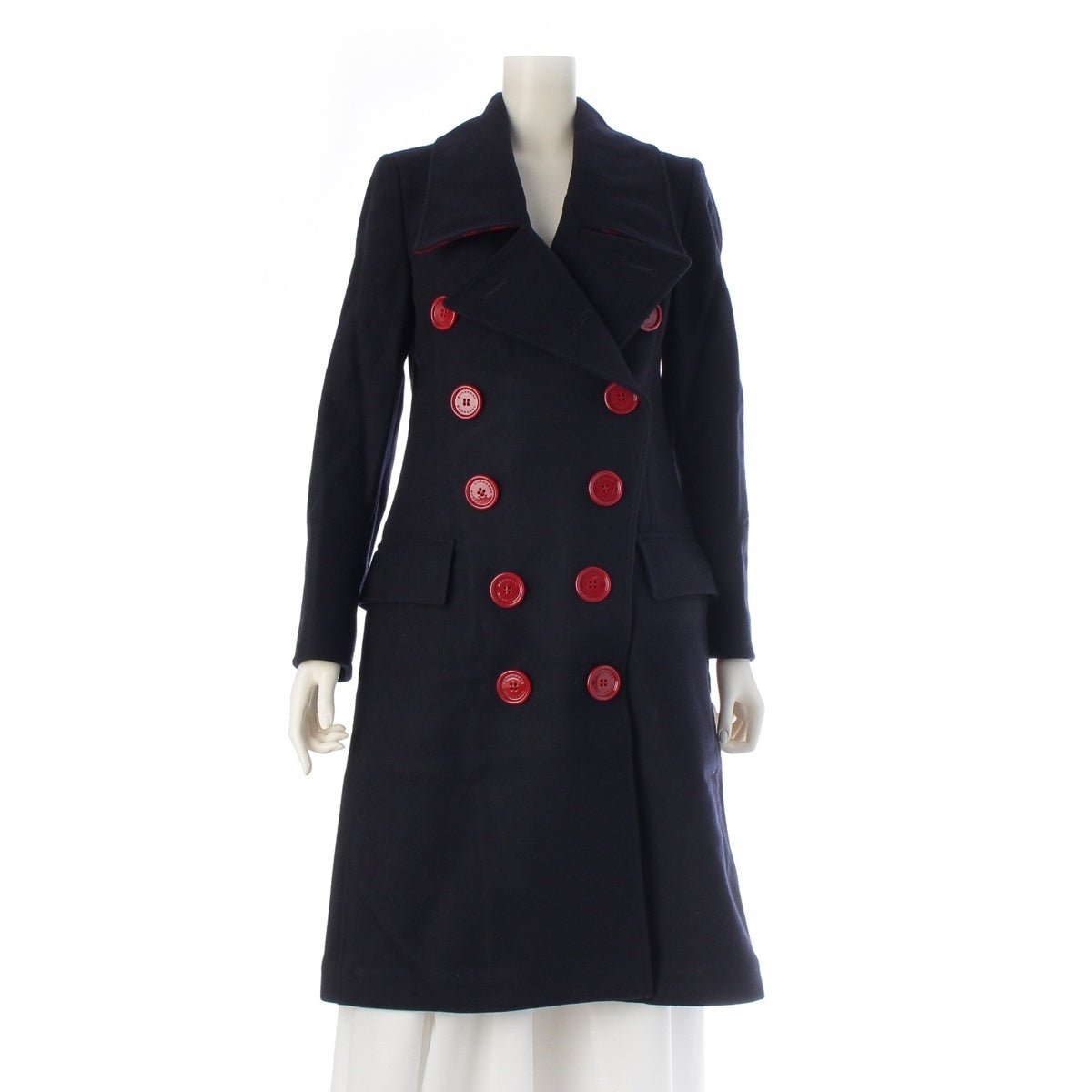 BURBERRY wool Red buttons, checkered collar lining, long coat outer 4051746 Navy 38