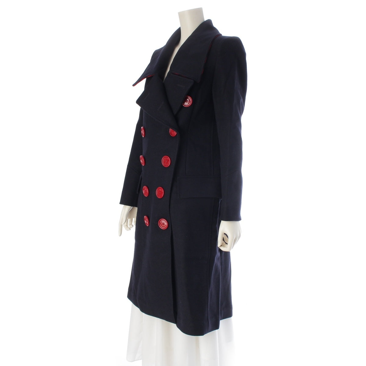 BURBERRY wool Red buttons, checkered collar lining, long coat outer 4051746 Navy 38