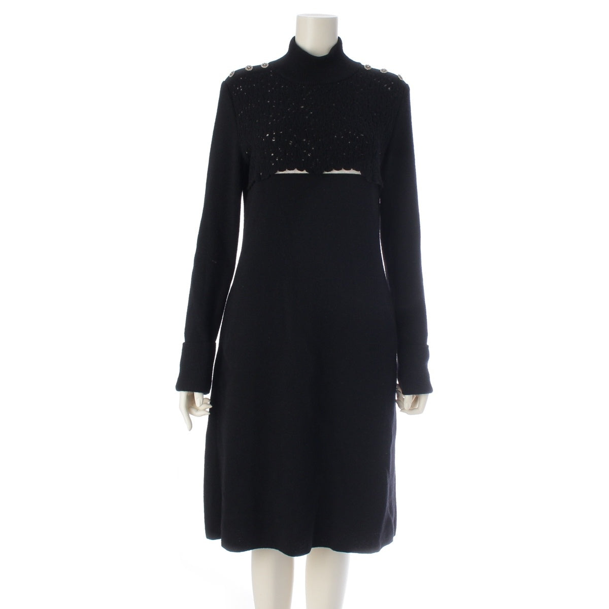 Rene wool Decorative Button High Neck Knit Long one piece dress 6042097 black 36