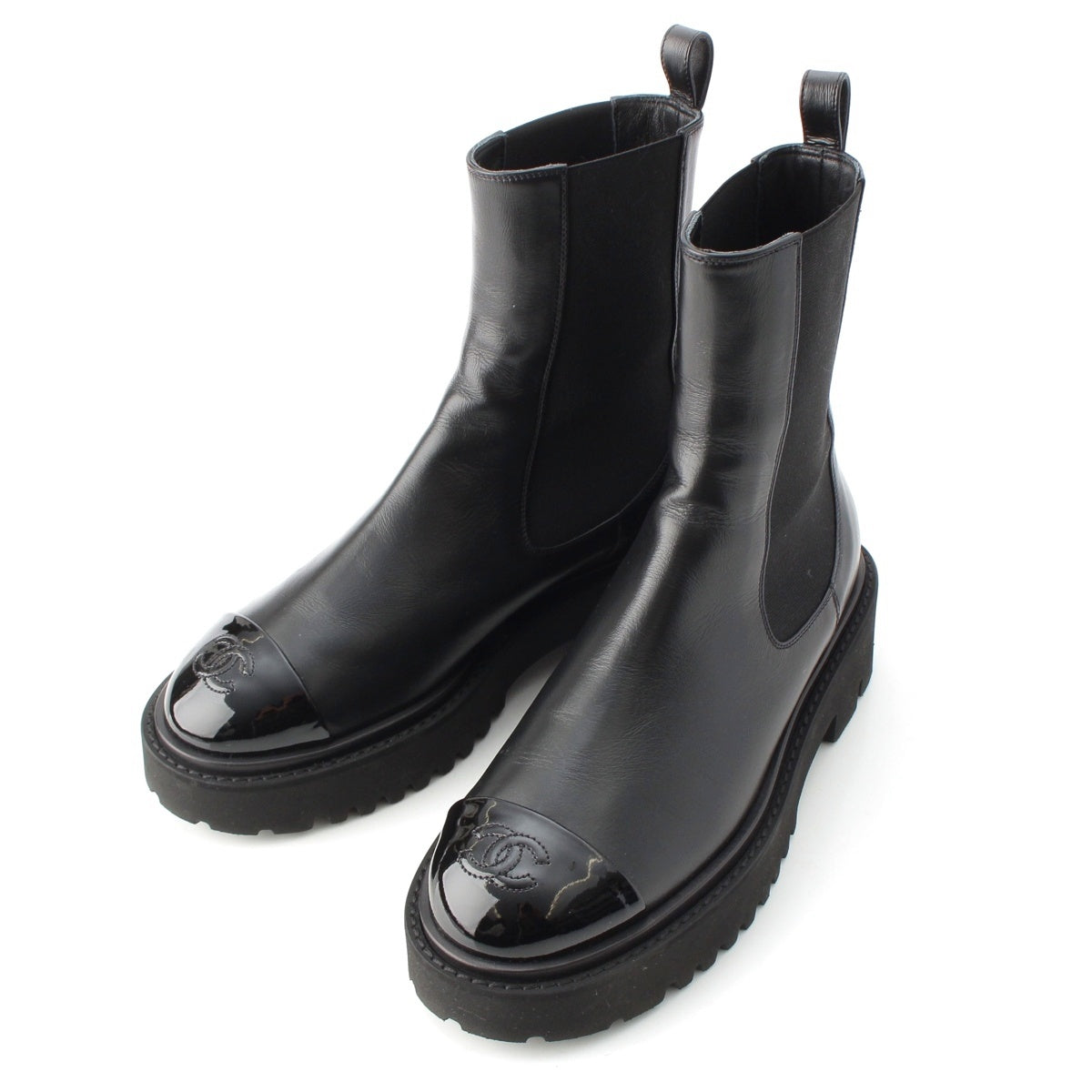 CHANEL Leather patent Side Gore Short boots Chelsea COCO Mark G38218 black 37 1/2