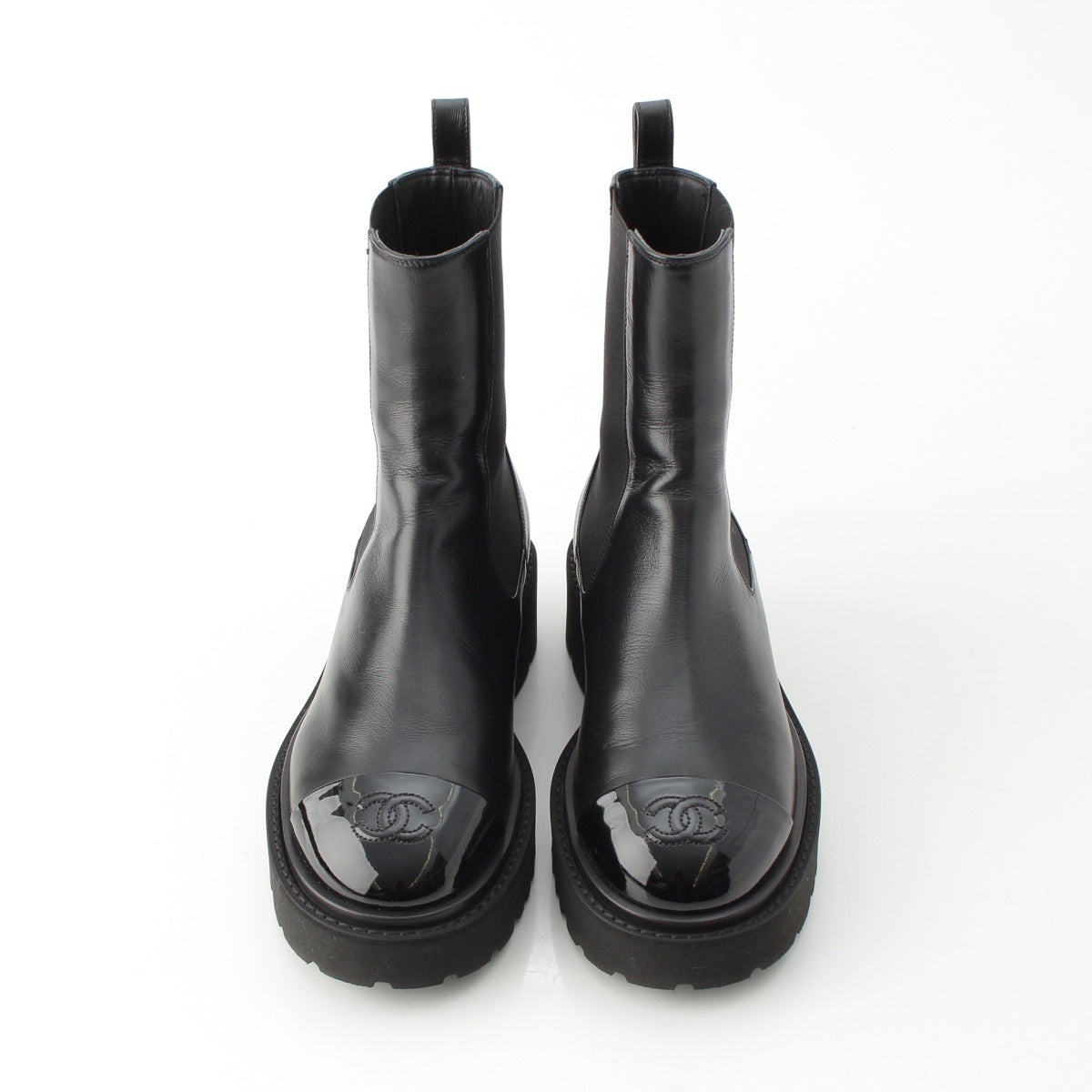 CHANEL Leather patent Side Gore Short boots Chelsea COCO Mark G38218 black 37 1/2