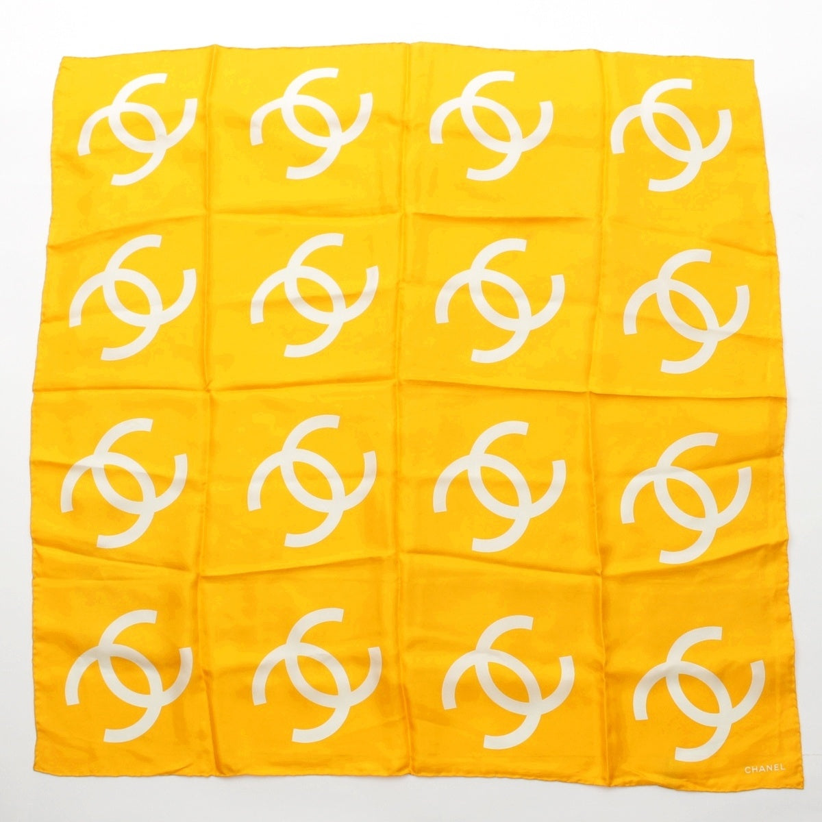 CHANEL silk COCO Mark 16 CC all-over print scarf yellow
