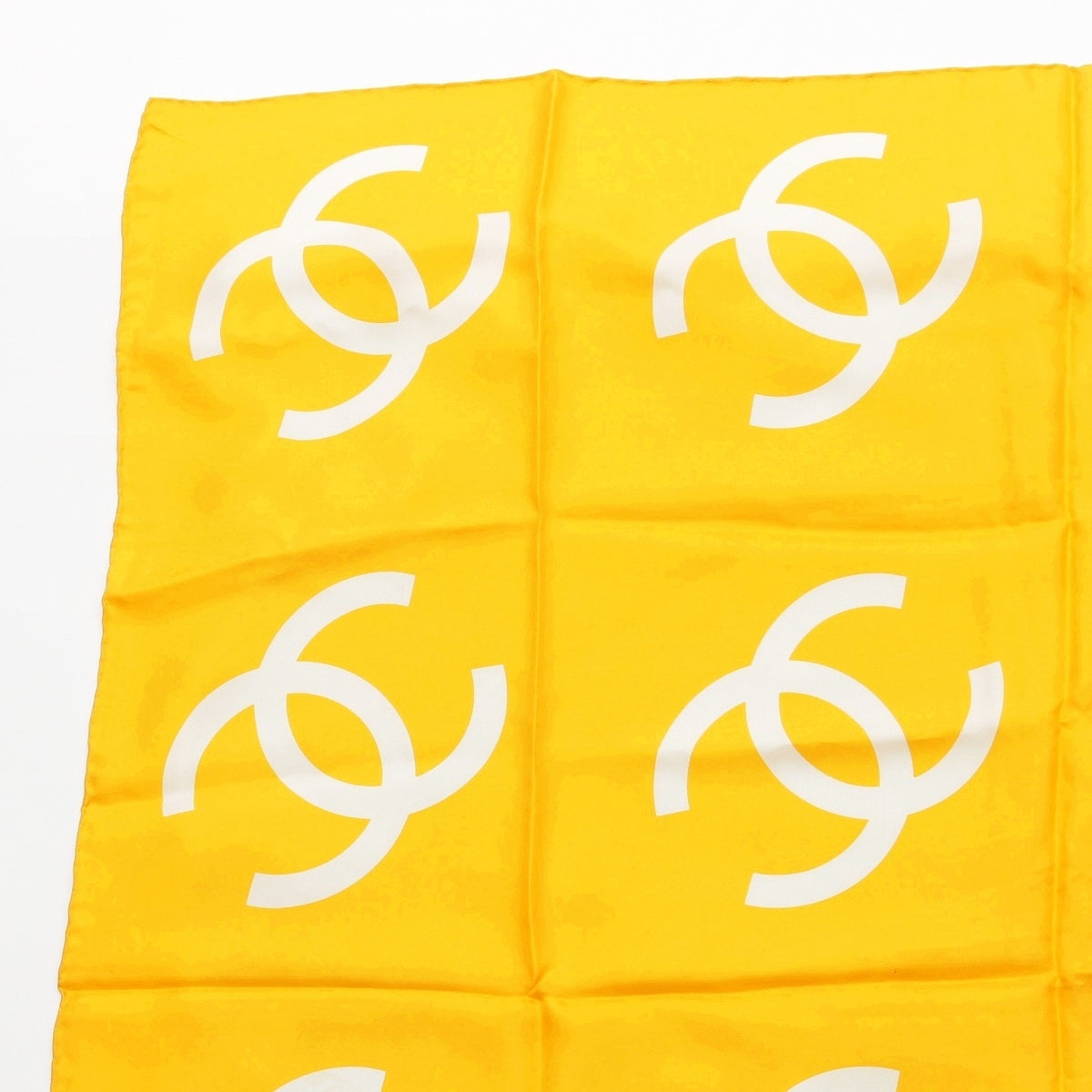 CHANEL silk COCO Mark 16 CC all-over print scarf yellow