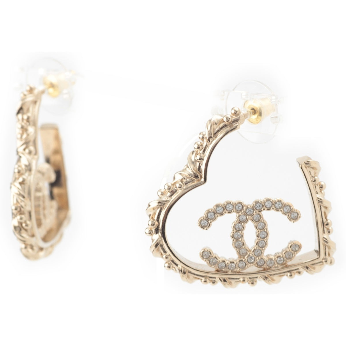CHANEL B25P COCO Mark Rhinestone Heart Pierce Accessories gold