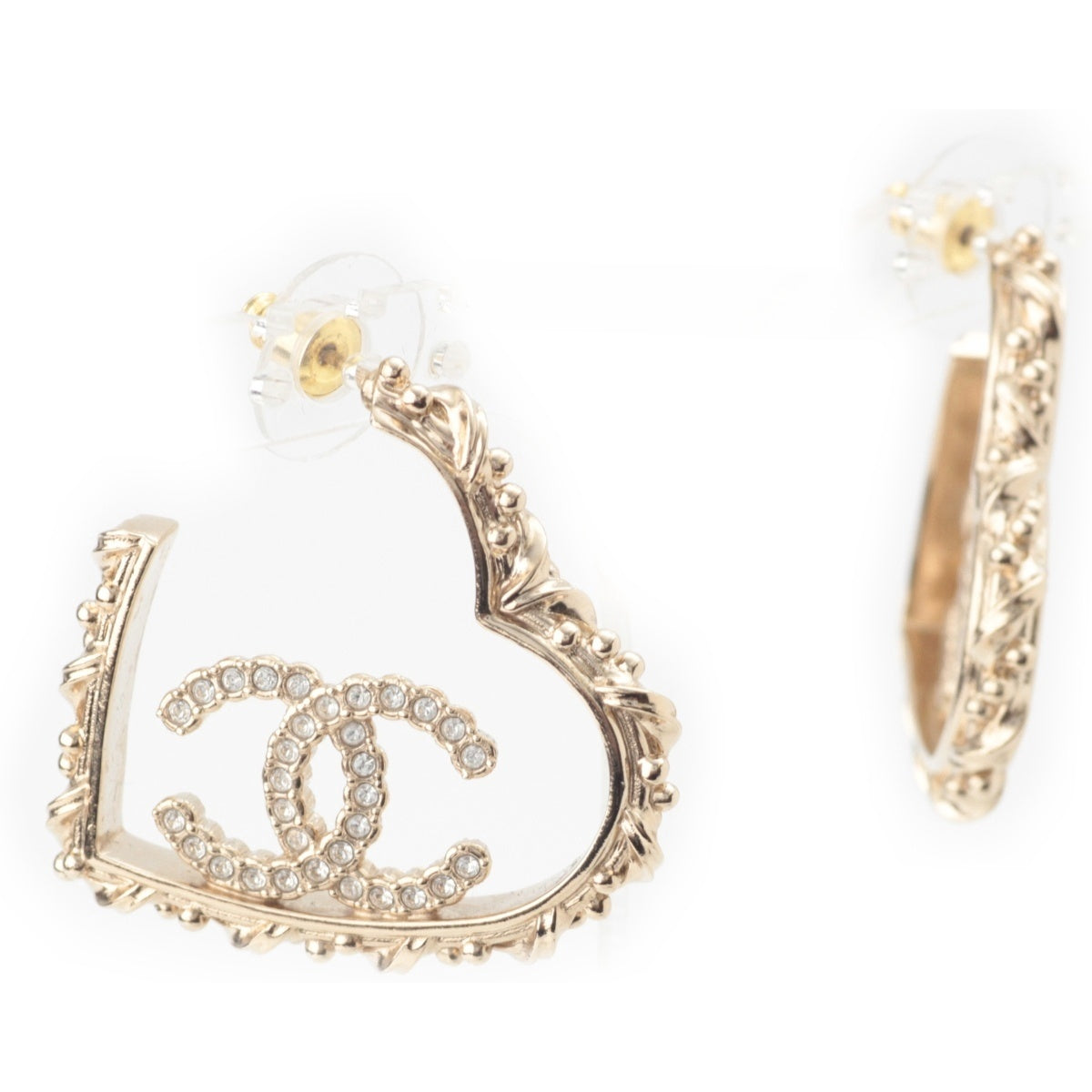 CHANEL B25P COCO Mark Rhinestone Heart Pierce Accessories gold
