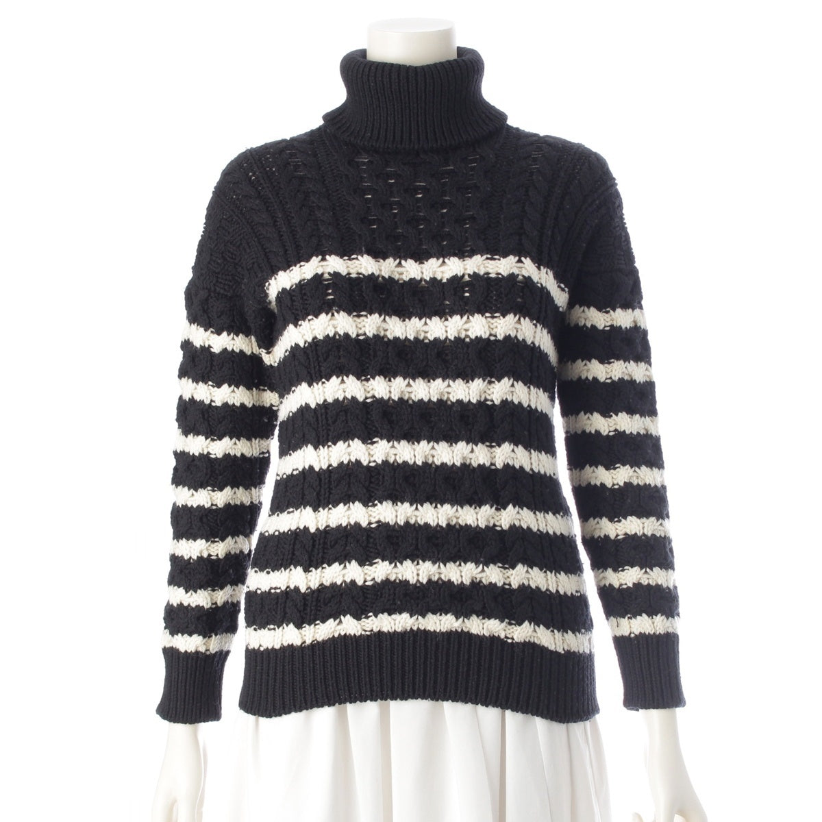 LOEWE wool Turtleneck border knit sweater Black White XS