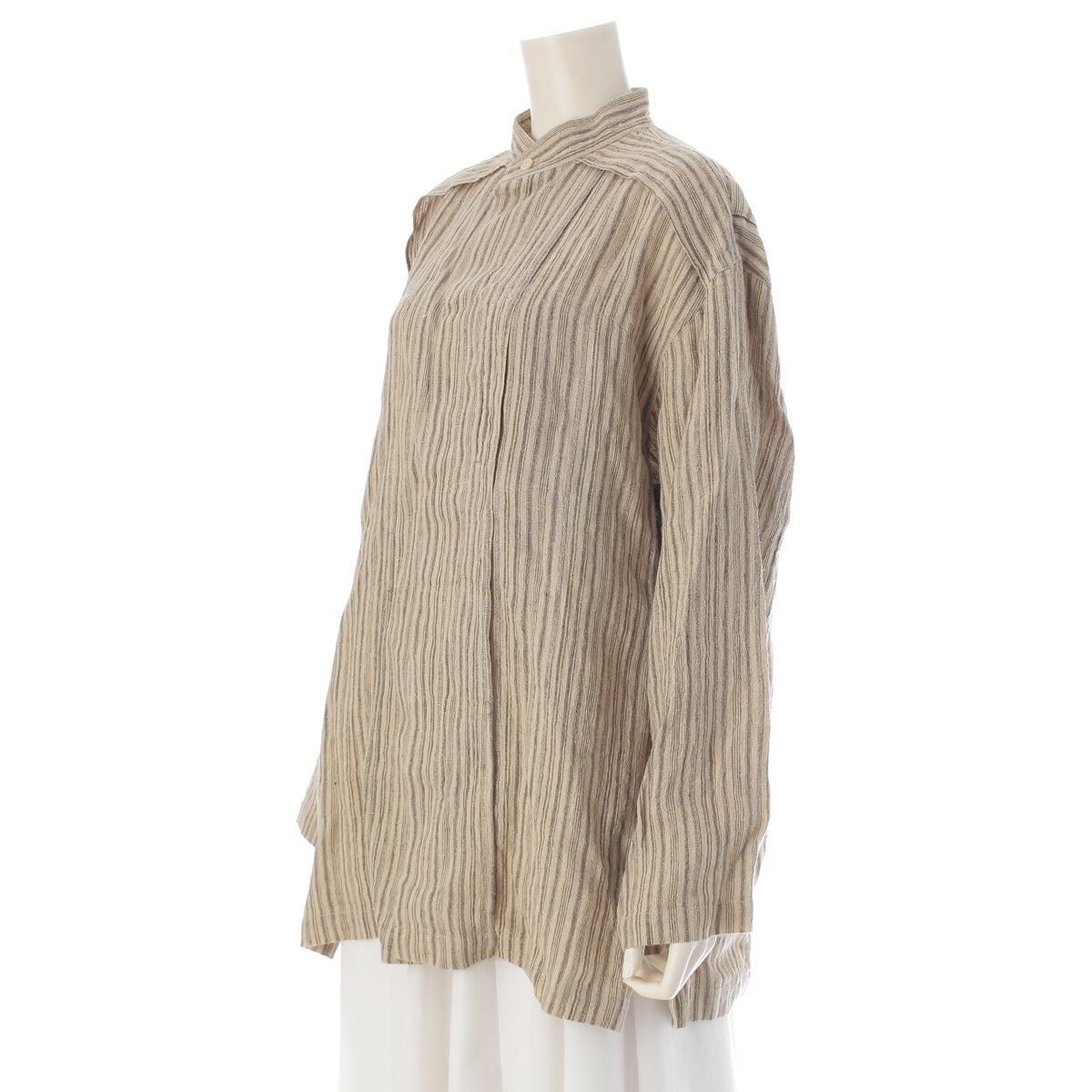 ISSEY MIYAKE linen Early model, single-color tag, band collar, linen, concealed placket, irregular stripe pattern. Long sleeve shirt tops ZL16013 beige M